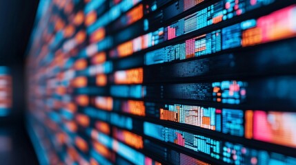 A vibrant digital display showcases colorful data visualizations on a sleek, dark background, emphasizing technology and information.