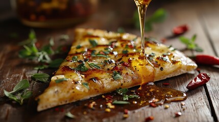 Close-up of spicy honey drizzled on savory pizza slice with fresh herbs