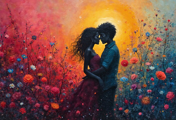 The image is a vibrant painting depicting a couple embracing against a backdrop of a colorful sunset, with a field of flowers.