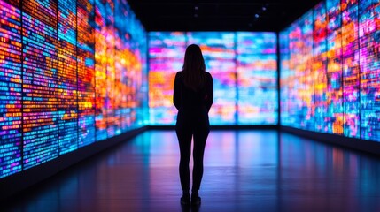 A silhouette stands before vibrant, colorful digital displays, creating a striking contrast between light and shadow in a modern art environment.