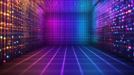 A vibrant, illuminated space with a grid pattern, featuring colorful lights that create a dynamic, futuristic ambiance.