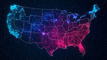 A vibrant, digital map of the United States, showcasing connections and data points in blue and pink hues against a starry background.