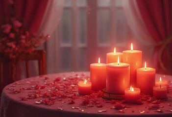 The image features a table adorned with lit candles and petals, set against a backdrop of red curtains and a vase of pink flowers.