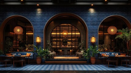 Elegant restaurant patio with arched entry, blue tile, and warm lighting.