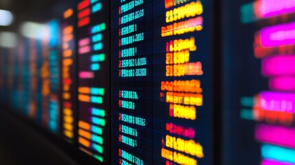 A colorful display of financial data, featuring vibrant stock prices and market trends illuminated on digital screens.