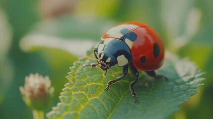 Obraz premium Ladybug resting on a leaf in a sunlit garden during springtime