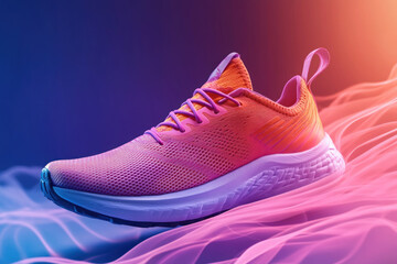 Pair of shoes against vibrant pink and blue backdrop, minimalist aesthetic.