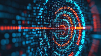 Obraz premium A vibrant digital swirl of binary code in blue and red, representing data flow and technology themes.