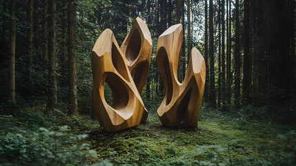 Abstract Wooden Sculptures in a Lush Forest Setting