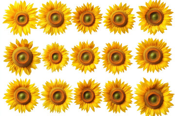 Bunch of sunflowers against white backdrop, vibrant and fresh.