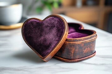 Heart shaped velvet jewelry box open with lid on marble table romantic gift container Valentine's Day concept