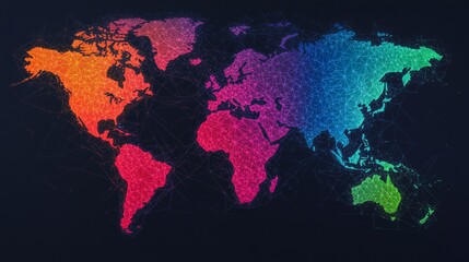 Fototapeta premium A vibrant, colorful world map showcasing continents in various hues against a dark background.