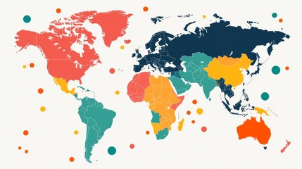 Fototapeta premium A colorful world map featuring different regions in various shades, highlighting geographical diversity with playful dot accents.