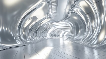 Fototapeta premium Metallic wavy stripes create a futuristic silver-white design with a shiny architectural concept