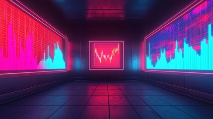 A futuristic room displays vibrant financial graphs in red and blue, showcasing market trends with an immersive digital atmosphere.