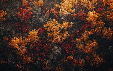 A captivating shot of a vibrant autumn forest with golden and red leaves, perfectly lit and graded for a luxurious look