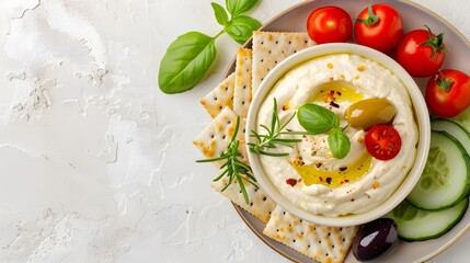 Hummus bowl garnished with olive oil, cherry tomatoes, and olives, served with crackers, cucumbers, and basil, vibrant Mediterranean snack, rustic and healthy presentation

