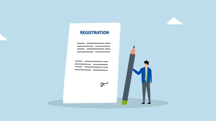 Company registration service, 4k animation of entrepreneur grasping pen victory indication corporate paperwork with seal. 