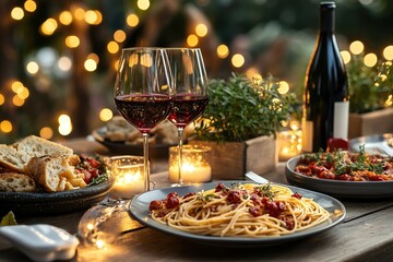 Romantic Dinner Setting with Pasta, Bread, Wine, Candlelight, and Bokeh Lights for Valentine's Day Celebration Concept