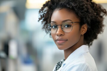 Young female researcher in a lab coat showcases a confident smile in a modern laboratory setting