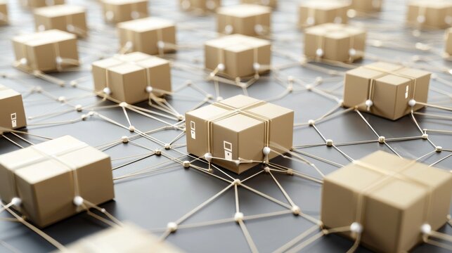 A network of interconnected boxes on a surface, representing logistics, connections, or data flow in a modern supply chain context.
