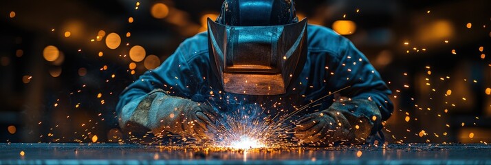 Welder working in dark environment with bright sparks flying during intense activity