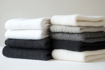 Neat stacks of soft, folded knitwear in white, grey, and black shades.