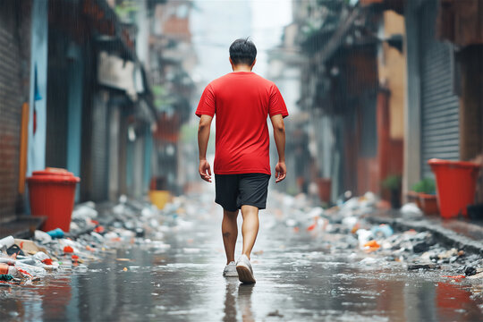 A man in a red shirt walking on a wet street filled with scattered trash on both sides. The image captures urban struggles and daily challenges.