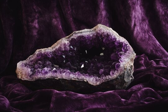 A geode of amethyst crystals, showcasing vibrant purple hues and intricate formations, rests on a luxurious purple velvet.