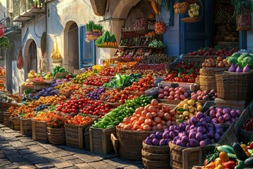 Obraz premium A vibrant outdoor market overflows with an abundant display of colorful fresh fruits and vegetables.