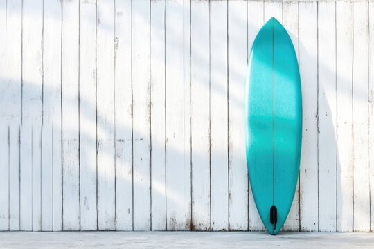 A teal surfboard leans against a weathered white wooden fence, bathed in sunlight.