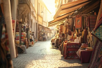 Obraz premium Sunlit cobblestone street lined with vibrant textile stalls, showcasing rich textures and colors.