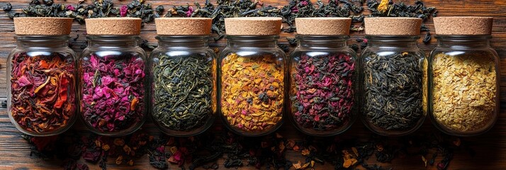 Scattered assortment of tea leaves in glass jars on wooden surface