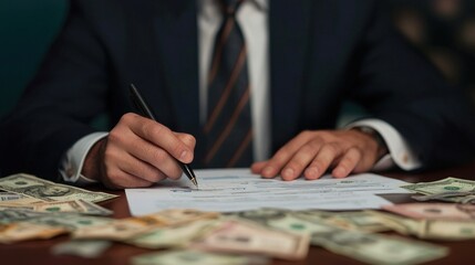 Businessman Analyzing Financial Reports with Currency Exposure, Engaged in Important Analysis for Potential Investment Opportunities and Economic Strategies