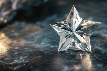 A sparkling,faceted diamond star rests on a dark, textured surface, reflecting light.
