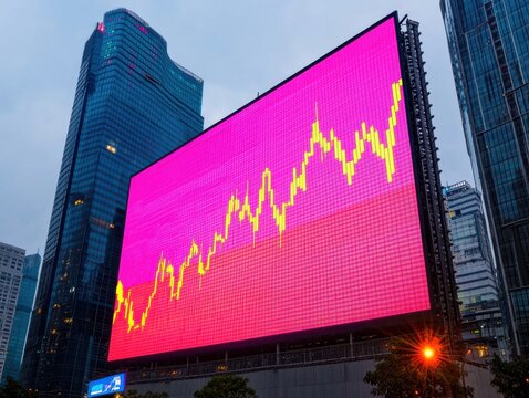Vibrant Cityscape Featuring Large Billboard Displaying Colorful Graph and Data Trends Amidst Urban Skyscrapers in a Modern Metropolitan Setting