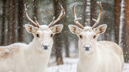 Fototapeta premium Two Majestic Reindeer in Winter Landscape with Falling Snow