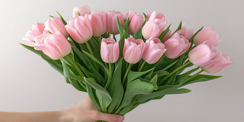 Fototapeta premium A hand holds a bouquet of soft rose tulips on a light background. Date gift concept. Valentine's Day. Advertising banner