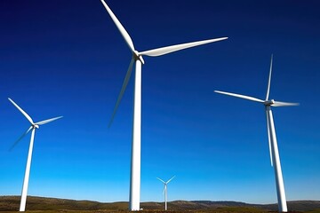 Fototapeta premium Wind turbines rotating under bright blue sky in a renewable energy landscape