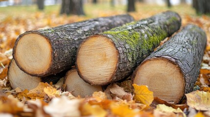 Freshly Cut Logs on the Ground Surrounded by Autumn Leaves