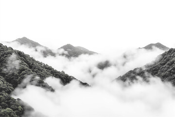 Obraz premium A serene black-and-white landscape of mountains enveloped in mist, evoking mystery and tranquility, ideal for conceptual or artistic use.