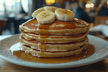 Stack of pancakes topped with bananas and syrup, on a white plate.