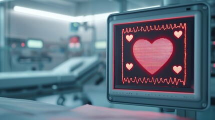 High-Tech Futuristic Hospital Room Featuring Holographic Heart Monitor Displaying Vital Signs in a State-of-the-Art Medical Environment