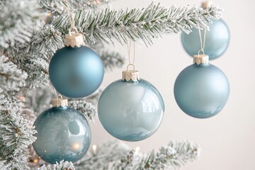 Elegant light blue Christmas baubles adorn a snowy artificial fir tree, creating a festive winter scene.