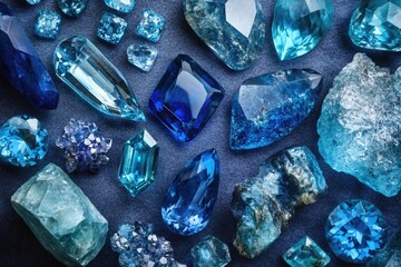 A captivating collection of various blue gemstones, showcasing their unique shapes, cuts, and intensities.