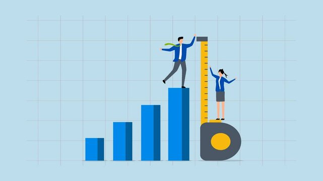 Business benchmark measurement, 4k animation of Businessman and woman assist with a measuring tape to gauge bar graph dimensions. 