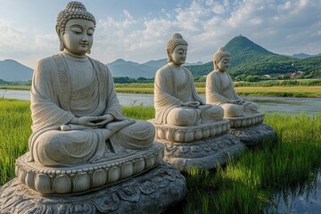 Fototapeta premium Serene stone Buddha statues situated in lush green landscape under cloudy sky