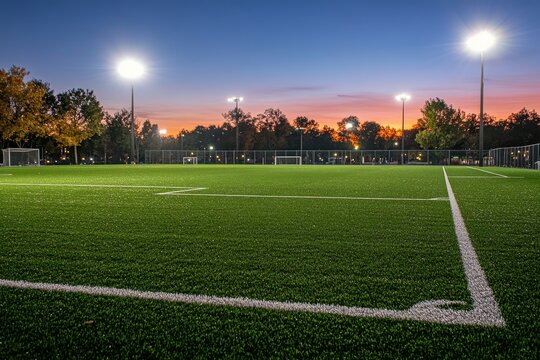 Vibrant sports field illuminated at dusk, ready for evening games and activities in a city park