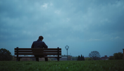 Person sitting, reflective mood, on a park bench, under a cloudy sky, with green grass, copy space
