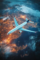 Obraz premium Airplane flying over a city illuminated at night above the Earth
